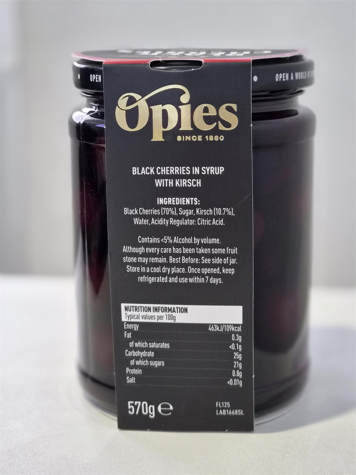 Opies Black Cherries with Kirsch 570g Pack of 1, 2 or 6 Jars