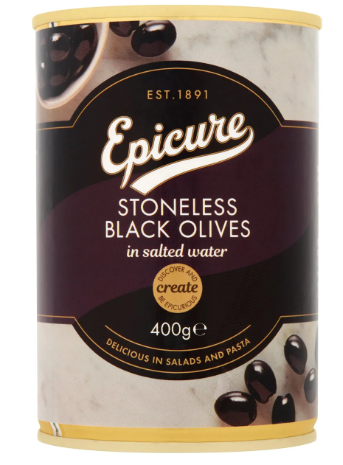 Epicure Stoneless Black Olives 400g Pack of 1, 2, 6 or 12 Tins