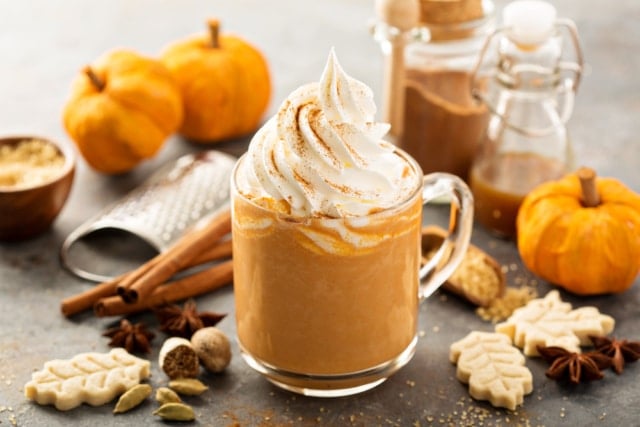Pumpkin spice latte with whipped cream surrounded by pumpkins, cinnamon sticks, and cookies on a rustic background.