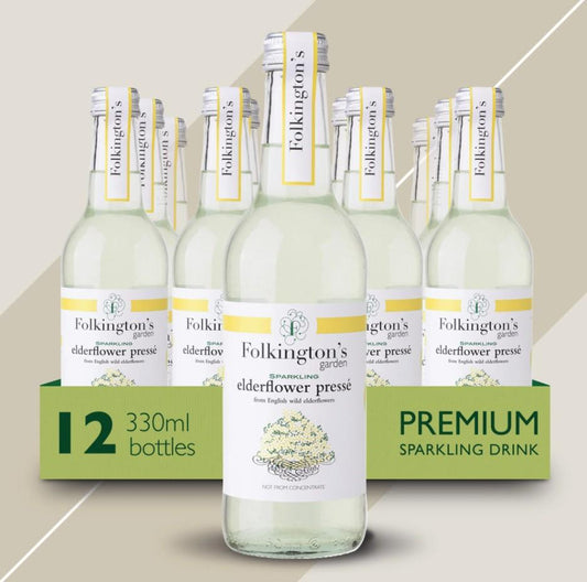 Folkingtons Sparkling Elderflower Presse 12 x 330ml Glass Bottle